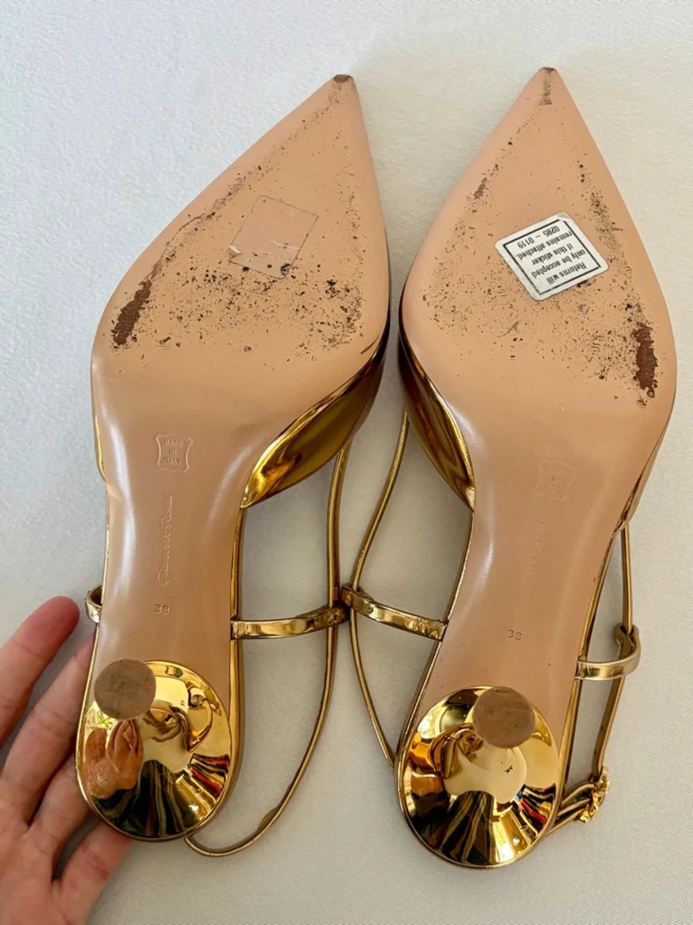 Gianvito Rossi Ascent Metallic Gold Pointed Slingback Heels, 38 (7.5), EUC